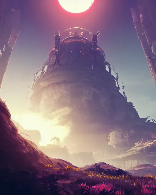 Image similar to beautiful landscape, nier automata, protoss temple!!!, machine planet, pink sun, advanced technology, cinematic lighting, highly detailed, masterpiece, art by bastien grivet and darwin cellis and jan urschel