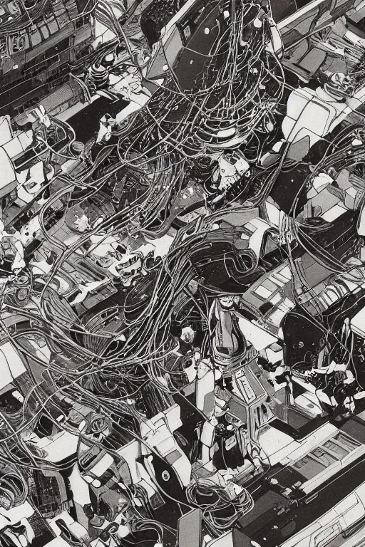 Image similar to a hyper-detailed cyberpunk illustration of a group of female androids' bodies torn apart, with cables and wires coming out, lying scattered in various poses over an empty floor, by masamune shirow and katsuhiro otomo, seen from above, japan 1980s, no background