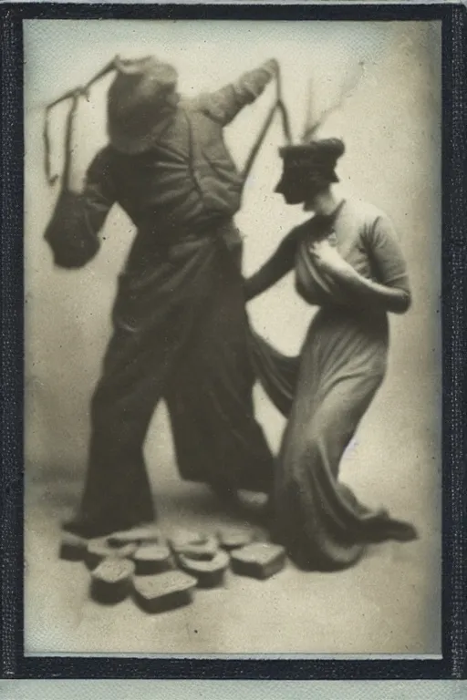 Image similar to man breaking into pieces while a woman tries to hold the fallen parts, surreal, 1 9 1 0 polaroid photo