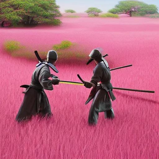 Prompt: samurai fighting in Wide Pink Grass land, claymotion, Hyperrealism, Photorealism, ambiance, hyper detailed