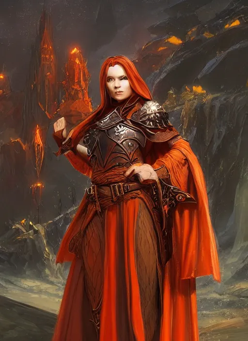 Prompt: dark orange cloak female priest, ultra detailed fantasy, dndbeyond, bright, colourful, realistic, dnd character portrait, full body, pathfinder, pinterest, art by ralph horsley, dnd, rpg, lotr game design fanart by concept art, behance hd, artstation, deviantart, hdr render in unreal engine 5