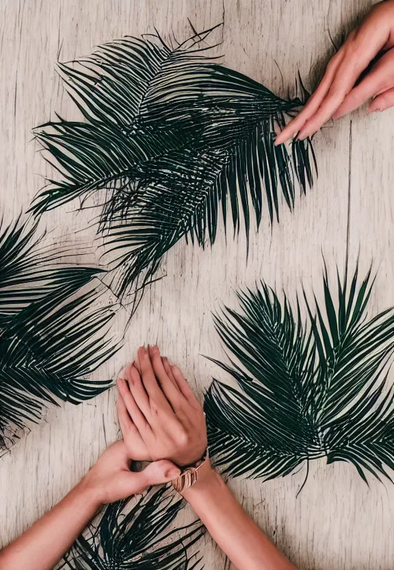 Image similar to an instagram photo of two ultra detailed woman's palms lying on the table, instagram photo, studio photo