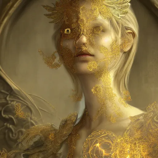 Image similar to human portrait, ethereal, face, crystal, intrincate, cgsociety, devianart, ornate, maximalist, fine art, golden details, carved, tarot card enviroment, rococo, baroco, fractal backgroud