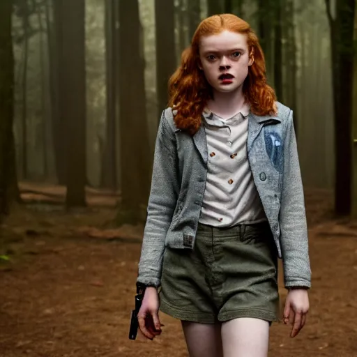 Image similar to Sadie Sink (Maxine Mayfield) for Stranger Things holding a gun and running in a forest, dramatic lighting, cinematic, establishing shot, extremely high detail, photo realistic, cinematic lighting