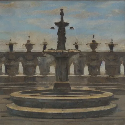 Image similar to oil painting of an infinite expanse of marble fountains of differing design with occasional bronze figures in some of the fountains, empty scene with no people, no animals, no plants