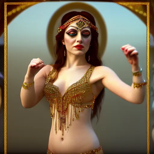 Prompt: a photorealistic portrait of actress emma stone dressed as a belly dancer, arabian night, volumetric lightening, octane render, high quality, fully detailed, 4 k, in focus sharp face with fine details, five human fingers, well structured hands, inspired by belly dancer on youtube, alphonse mucha, masterpiece, stunning