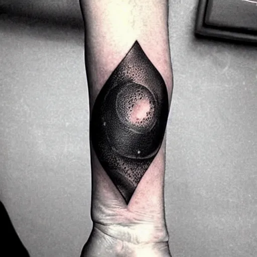 Prompt: a small black tattoo based on the universe on the arm, whole tattoo, realistic, very detailed