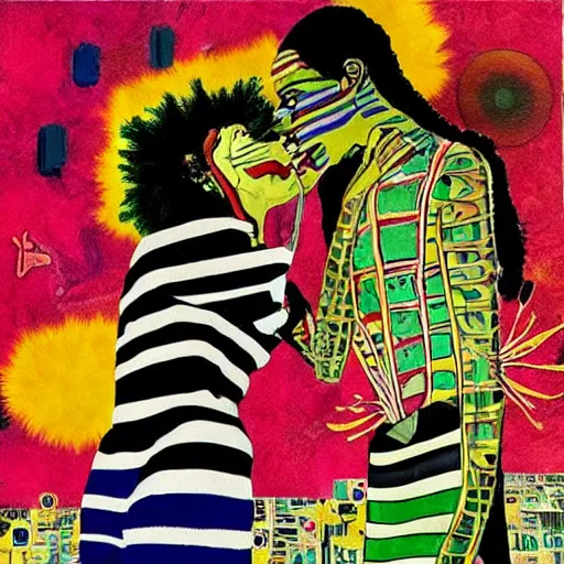 Prompt: beautiful painting of two bizarre psychedelic women kissing each other closeup in tokyo in summertime, speculative evolution, mixed media collage by basquiat and junji ito, magazine collage art, paper collage art, sapphic art, lesbian art