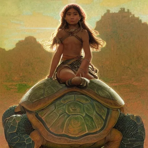 Image similar to a little warrior girl sitting on top of one giant turtle with a wise face that is walking in the desert. the girl has dark skin and beautiful green eyes, realistic full body and a very beautiful detailed symmetrical face with long black hair. diffuse light, dramatic sky and landscape, long shot fantasy illustration by mucha