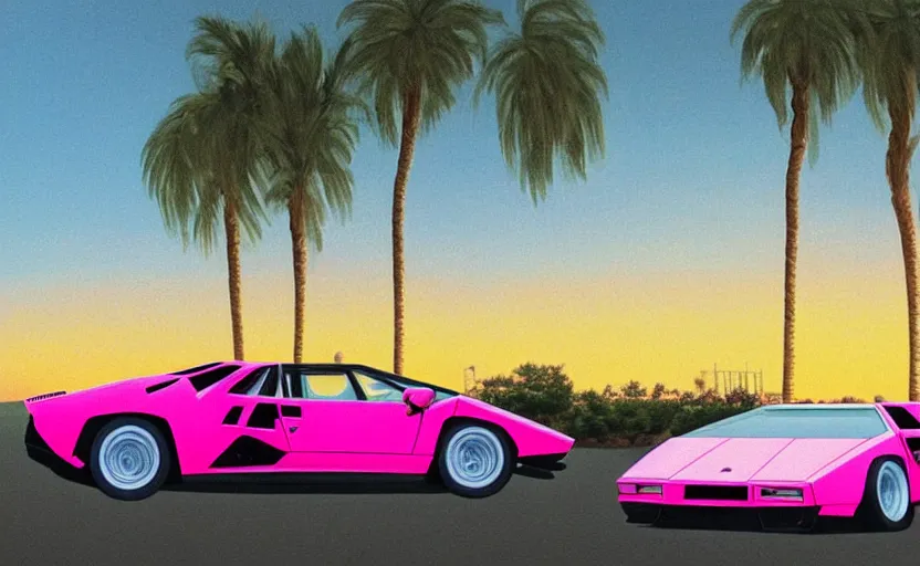 Image similar to lamborghini countach with doors open. palm trees and pink sky in the background. art by krzysztof tanajewski