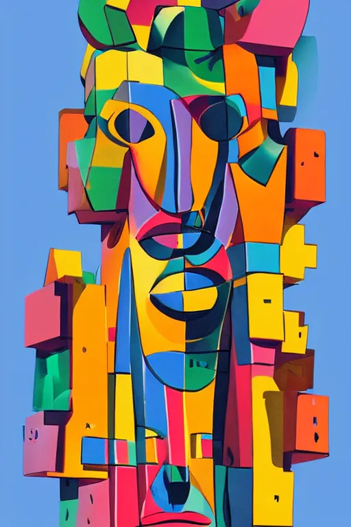 Image similar to cubist moai statue cutout digital illustration cartoon colorful beeple