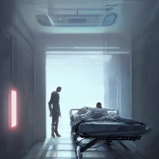 Image similar to concept art by greg rutkowski, very tall and slender young man waking up in a hospital bed, futuristic and high - tech setting but desolate and dimly lit, scifi, highly detailed portrait, digital painting, artstation, concept art, smooth, sharp foccus ilustration, artstation hq