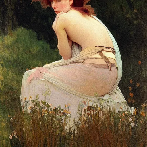 Image similar to a beautiful painting of a young girl in the scottish highlands, underexposed and overcast, by alphonse mucha, john sargent, and octane.