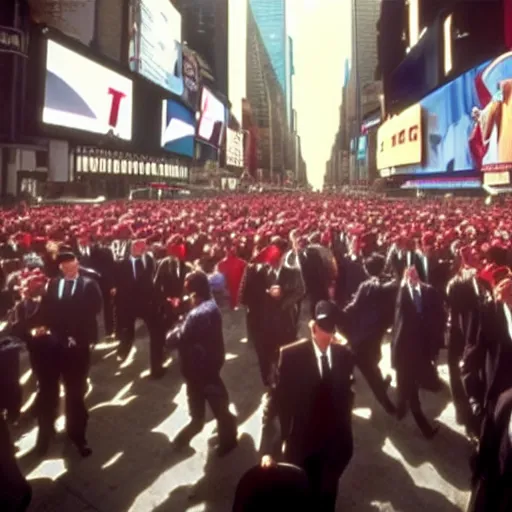 Image similar to still of donald trump clones invading time square, wearing maga hats, in american psycho ( 1 9 9 9 )