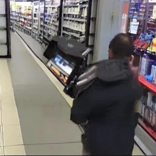 Prompt: reddit moderator caught shoplifting on cctv, 240p camera, blurry image, trending on Reddit