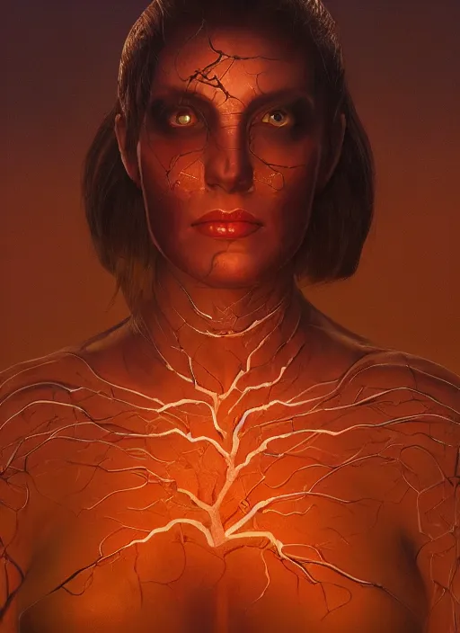 Image similar to biblical female android, pattern of ivy on skin, glowing veins, in clouds, sunset, portrait by wayne barlowe, studio lighting, muted colors, by frank frazetta, extreme detail, reflections, trending on artstation, 8 k