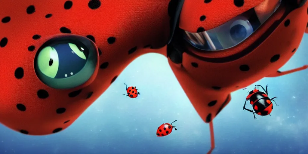 Image similar to a 3 d rendered movie still a ladybug descendant 1 million into the future. the ladybug is sentient, wears a spacesuit, and explores cosmos in a super awesome space ship. science fiction blockbuster movie ladybugs rule the world or my stepmom is a ladybug from the future, imax 7 0 mm. 2 0 0 1 a space odyssey ( film )