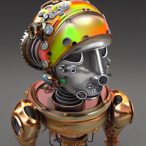 Prompt: a claymodel of a steampunk rococo spaced out futuristic robot head wearing multicolored tubes, 8 k, front view, symetrical, flourescent colors, halluzinogenic, multicolored, exaggerated detailed, front shot, 3 d render, octane