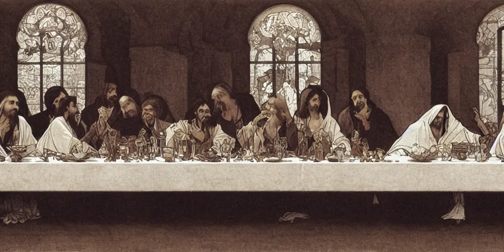 Prompt: the last supper,Alphonse Maria Mucha,elegant,highly detailed,smooth,sharp focus,illustration