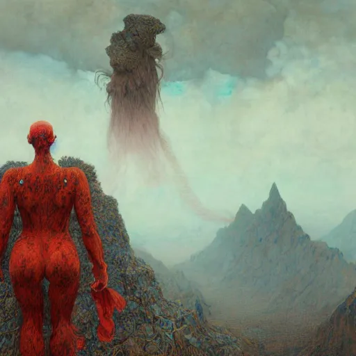 Prompt: A giant monster woman wearing clothes made out of thunder clouds and flowers red skin, mountains, Masterpiece, glowing, wires everywhere, by Edgar Maxence and Ross Tran, Zdzisław Beksiński, and Michael Whelan, distant, gustav dore, H.R. Giger, 8k, octane render