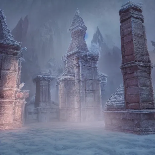 Image similar to 3d rendering of fantasy frozen abandoned temple, foggy atmosphere, volumetric lighting, fantasy artwork, very beautiful scenery, very realistic painting effect, hd, hdr, unreal engine 5, cinematic 4k wallpaper, 8k, ultra detailed, high resolution, artstation