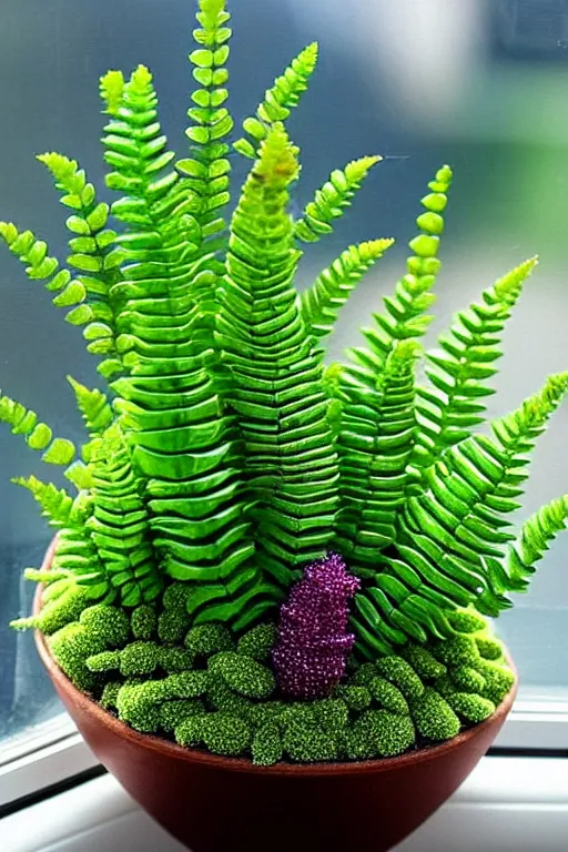 Prompt: crystals shaped like exotic succulent fern shrubbery, a potted plant made of gemstones in a windowsill