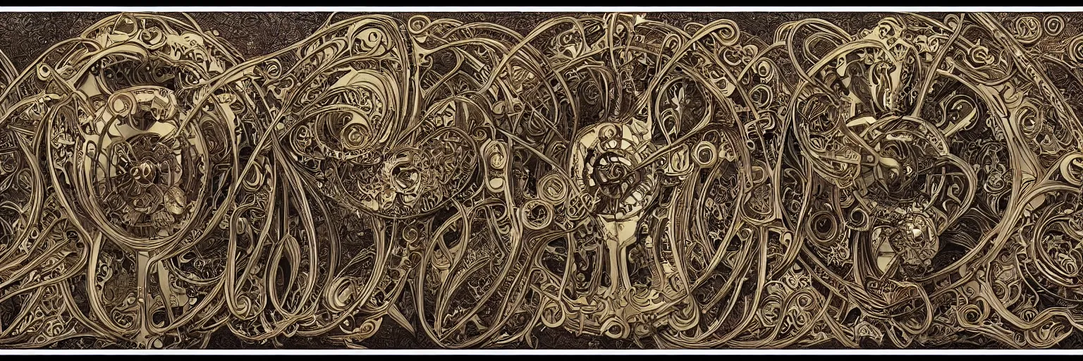 Image similar to art nouveau steelpunk frame and border designs only, no figures, no faces, no people, by travis charest, moebius and mucha, intricate, ornate, circuitry, gears, painted, extremely hyperdetailed, art deco, masterpiece, sharp focus, realistic technical details