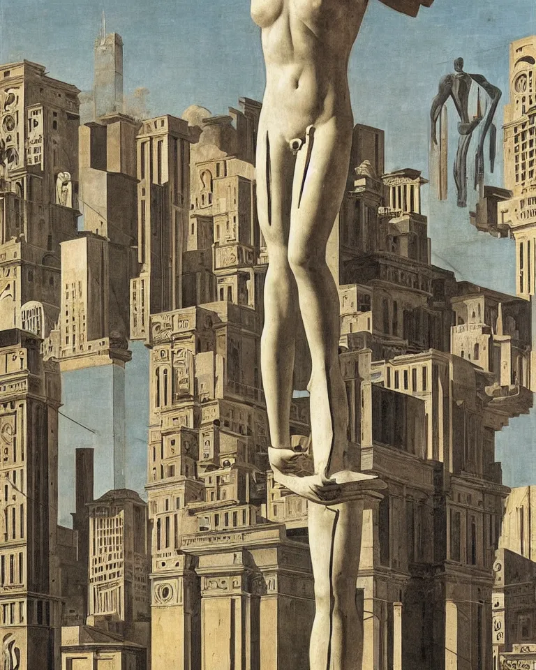 Image similar to an achingly beautiful roman marble sculpture standing alone amid a bustling futuristic metropolis by Giorgio De Chirico.