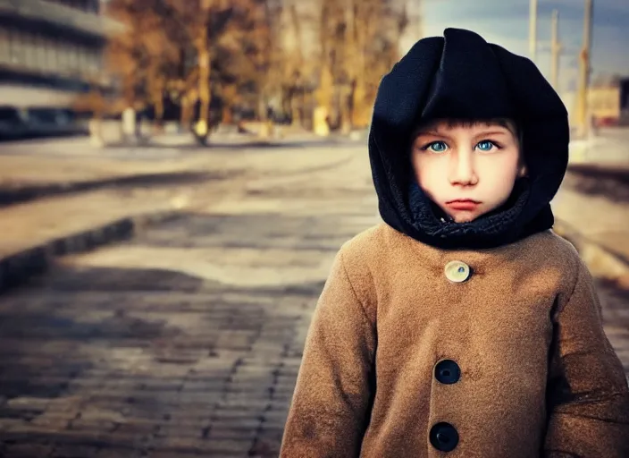 Image similar to professional fine details photo portrait of kid from kazan, tatarstan kid in the postsoviet suburbia, iphone detailed photo, instagram, beautiful eyes