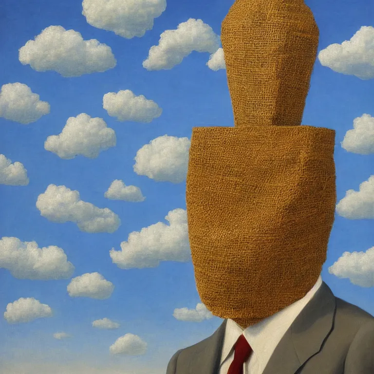 Prompt: portrait of a burlap sack - head man in a suit, clouds in the background, by rene magritte, detailed painting, distance, centered, hd, hq, high resolution, high detail, 4 k, 8 k