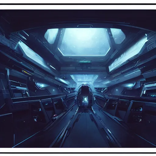 Image similar to scifi art by Greg Rutkowski, the ship's bridge deck, full of screens and holographic maps with a large window looking into space, functional and elegant look, but minimalist, and a bit dark, claustrophobic and futuristic environment, detailed and intricate environment, high technology, highly detailed portrait, digital painting, artstation, concept art, smooth, sharp foccus ilustration, Artstation HQ.