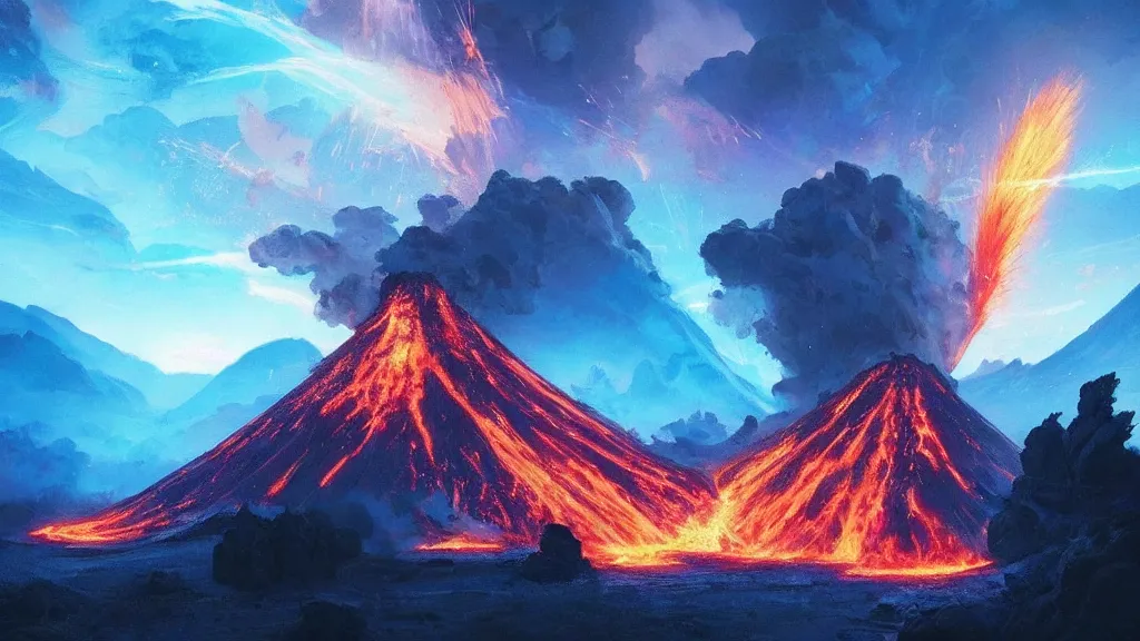 Image similar to volcano erupting blue flames, glowing! blue plumes, by greg rutkowski, sylvain sarrailh, rossdraws, ambient light, ultra detailed, fantasy artwork, 8 k, volumetric lighting, trending on artstation, award winning, beautiful scenery, very very very very very very very beautiful.