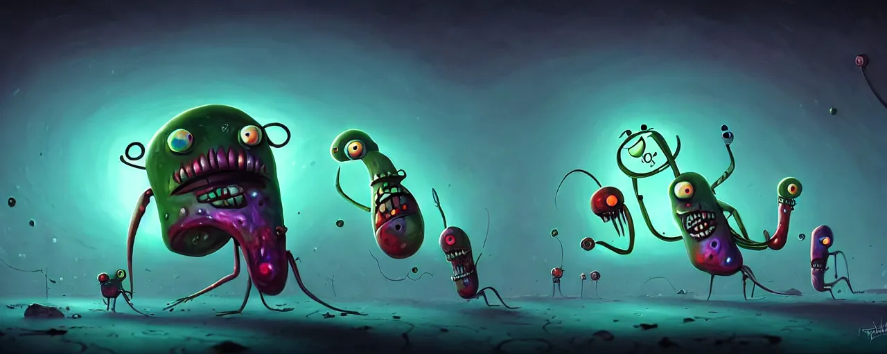 Image similar to wild whimsical plankton mutants from the depths of a wasteland deep in the imaginal realm, dramatic lighting, surreal fleischer cartoon characters, shallow dof, surreal painting by ronny khalil