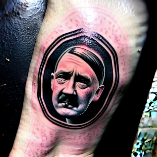 Prompt: tattoo of adolf hitler and coat of arms of ukraine many details, super realistic, high quality, 8 k