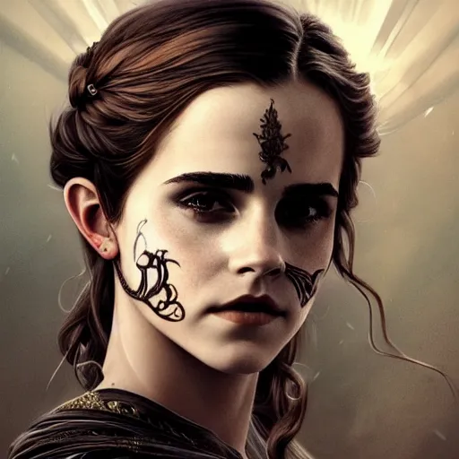 Image similar to a photorealistic dramatic fantasy render of a beautiful woman emma watson wearing a beautiful intricately detailed mask and clasical dress by wlop, artgerm, greg rutkowski, alphonse mucha, epic, beautiful dynamic dramatic dark moody lighting, shadows, cinematic atmosphere, artstation, concept design art, octane render, 8 k