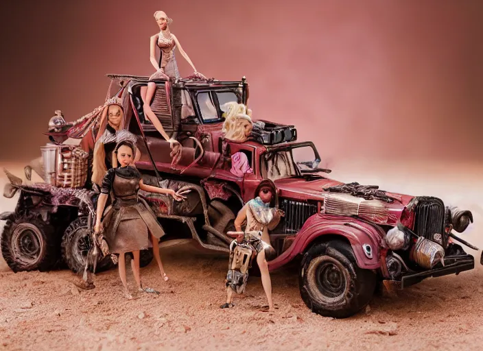 Image similar to mad max fury road barbie play set, children's toy advertisement, studio photography, close - up