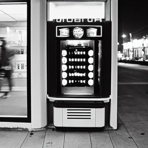 Prompt: a cinematic photograph of a glowing time machine Infront of a CVS Pharmacy at night in Charlotte, NC in 1989, f1.8, 80mm