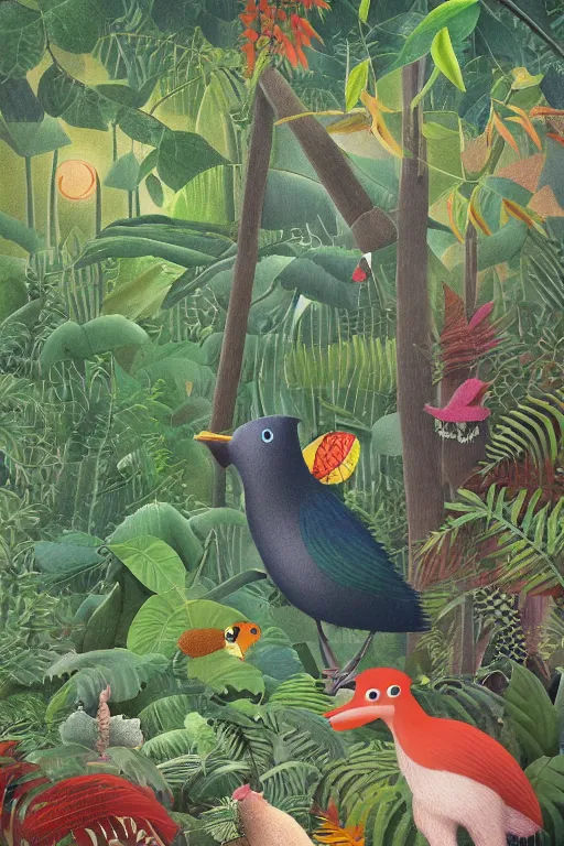 Prompt: rare bird in the jungle, night, stars, highly detailed, unreal engine render concept art, style of henri rousseau and richard scarry and hiroshi yoshida