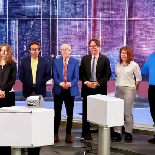 Image similar to group of scientists announce the world's first super - intelligent machine on live tv, photograph, year 2 0 3 6.