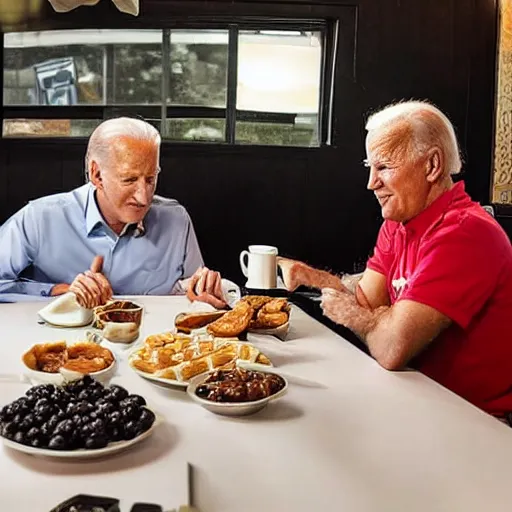 Image similar to photograph of trump and Biden sitting and eating breakfast at a Wafflehouse