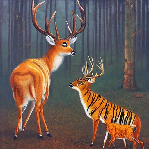 Image similar to a painting of deer and tiger facing each other, their heads bowed towards ground by esao andrews