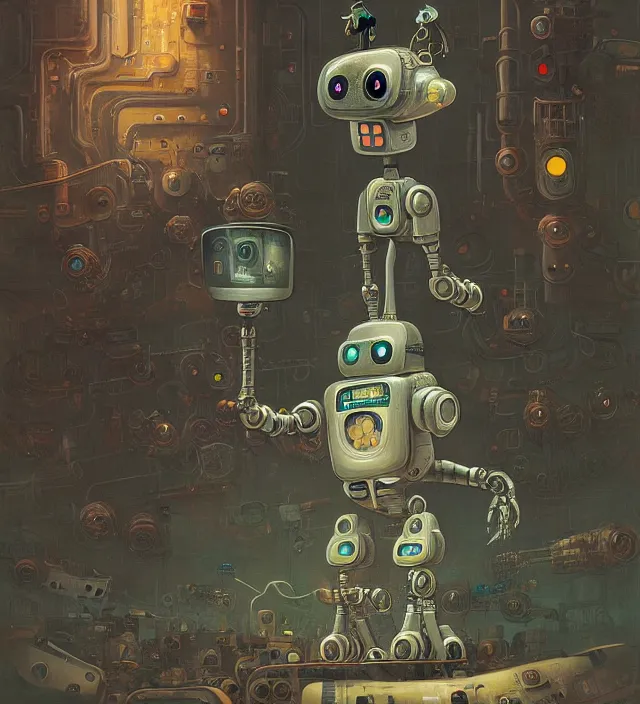 Prompt: anthropomorphic robot working endlessly as a salve inside a hell digital world, being observed by an infinite amount of human beings, vintage soft grainy, in the style of Oscar chichoni and Peter mohrbacher and Dawid planet