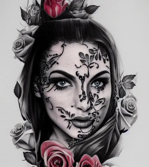 Image similar to tattoo design on white background of a beautiful girl warrior, roses, hyper realistic, realism tattoo, by eliot kohek, beautiful eyes, realistic face, black and white