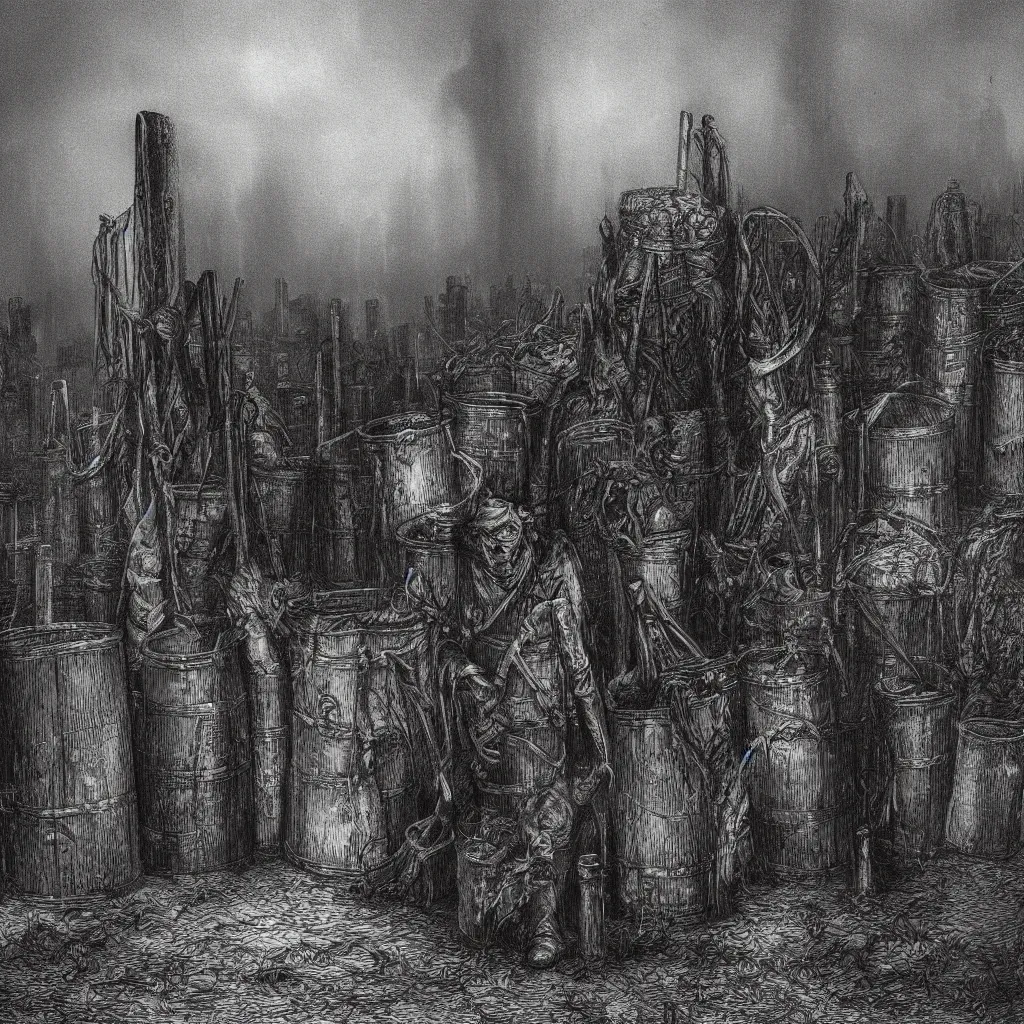 Image similar to steel barrels in a graveyard, creepy atmosphere, dark, portrait, realistic, very realistic, illustration by gustave dore