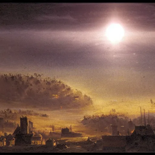 Image similar to dark solar eclipse, above a village, highly detailed, studio 4 k quality, by walter percy day