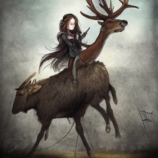 Image similar to girl in a dress riding a giant elk, trending on art station