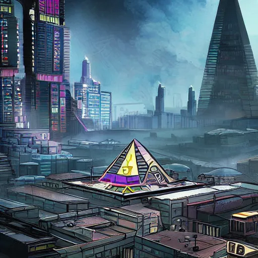 Prompt: flying saucer with a pyramid top shooting at a cyberpunk city, very detailed, realistic, many colors, art by digital image,