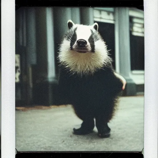 Prompt: 90s retro polaroid photo of a handsome old badger wearing a leather jacket on a gloomy day in the city, image artifacts