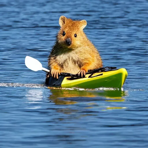 Image similar to a quokka paddling a kayak on a lake