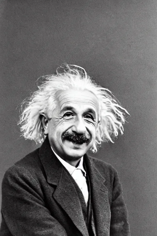 Prompt: professional photo of happy albert einstein on the background of the blackboard on which it is written e = mc 2, portrait,, ancient, realistic, detailed